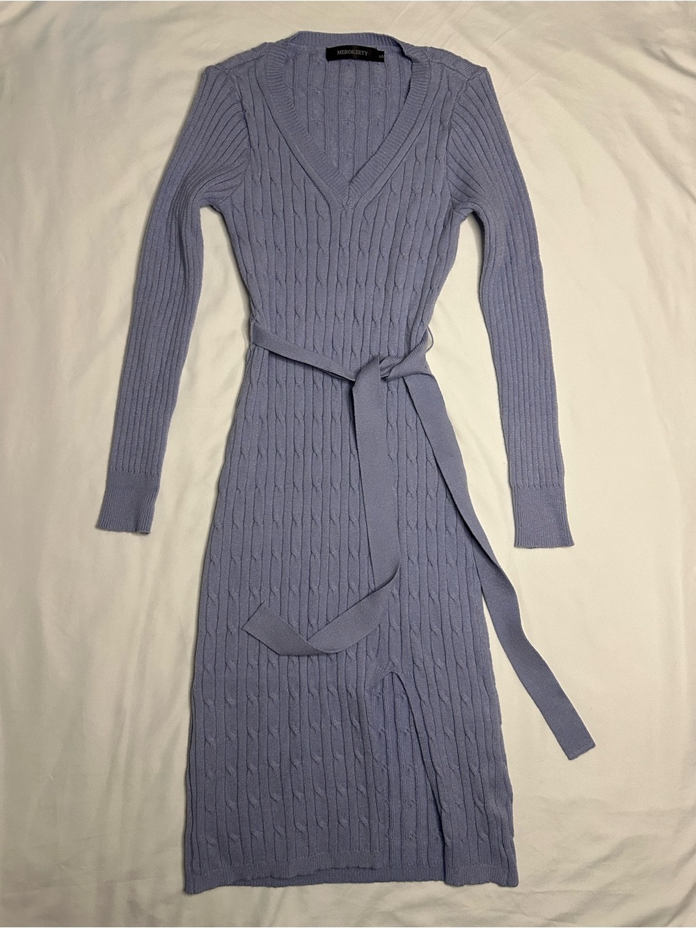 Merokeety blue v-neck cable knit sweater dress with tie waist and slit in leg